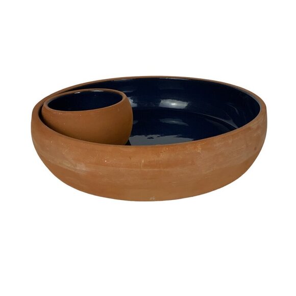 Cabin Fever Chip & Dip Platter Glazed Blue Interior Terracotta Exterior Made In - Picture 8 of 9